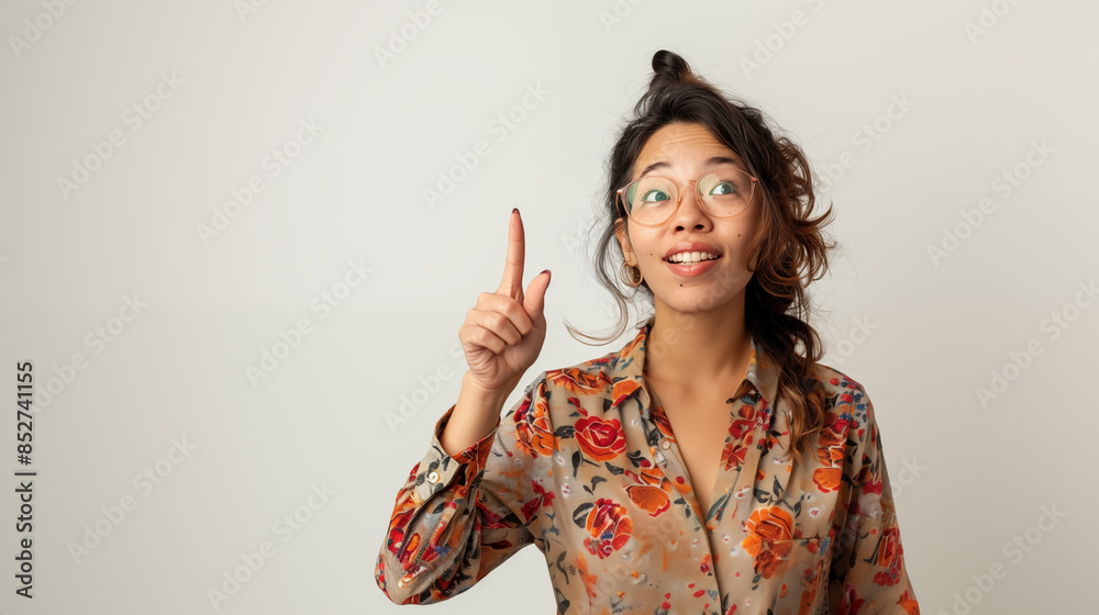 Curious Woman Pointing Up with Glasses Curious Woman Pointing Up with Glasses