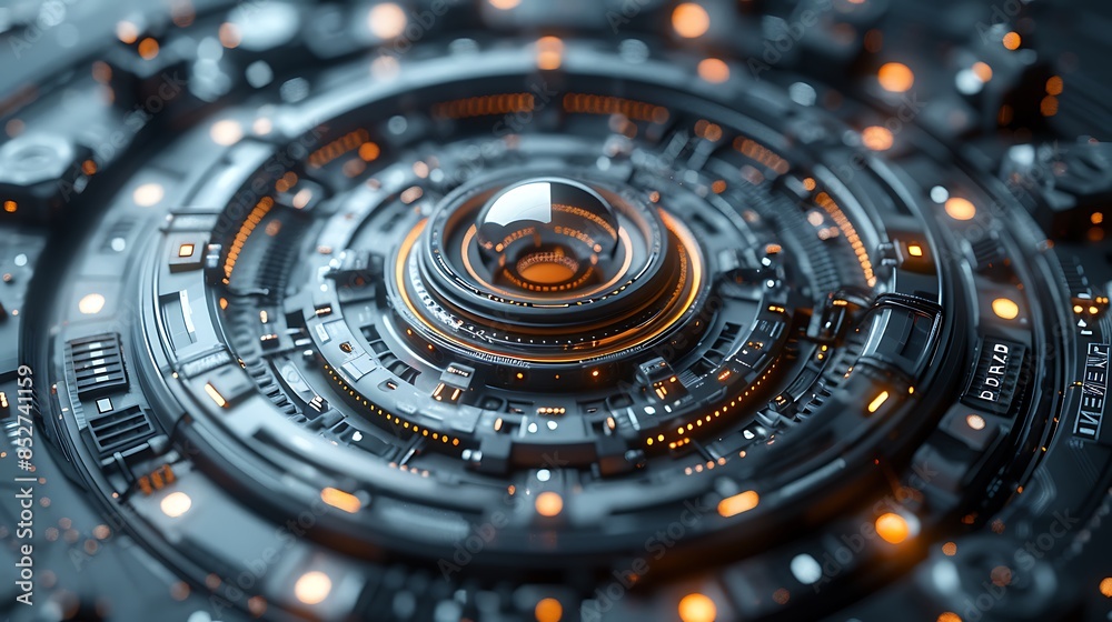 Close-Up of Complex Mechanical Device, Central Circular Component Amid Intricate Gears, Set Against Blue-to-Orange Backdrop. Close-Up of Complex Mechanical Device, Central Circular Component Amid Intricate Gears, Set Against Blue-to-Orange Backdrop.
