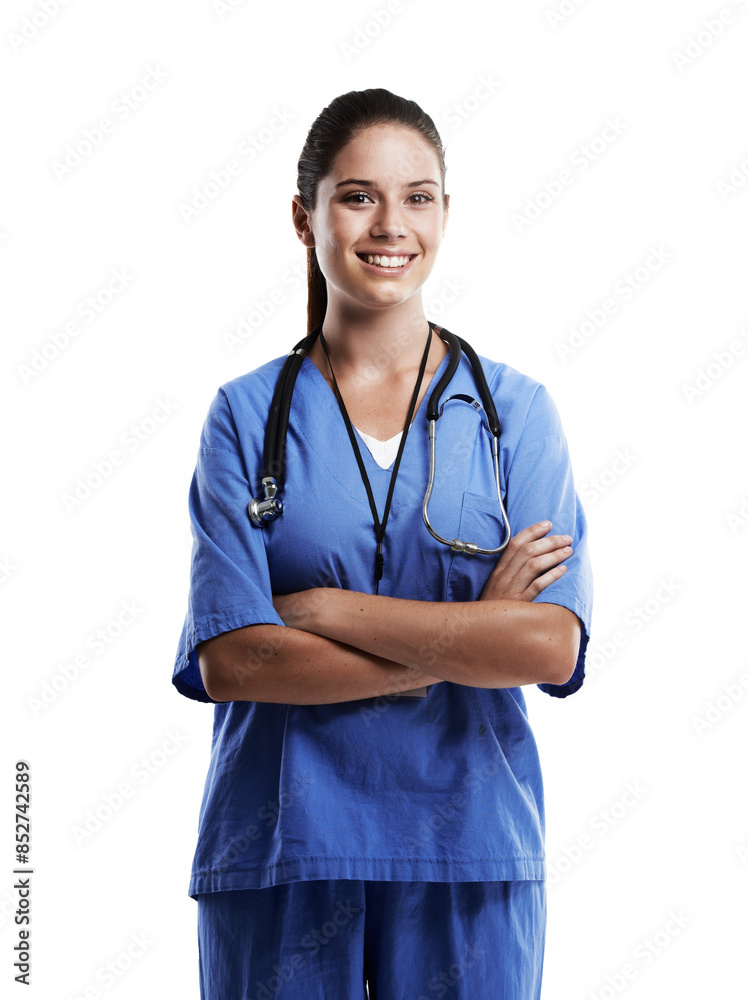 Woman, doctor and arms crossed in studio for health care on white background, excited and happy with career. Female person, confident and surgeon in portrait as medical professional, expert and smile Woman, doctor and arms crossed in studio for health care on white background, excited and happy with career. Female person, confident and surgeon in portrait as medical professional, expert and smile