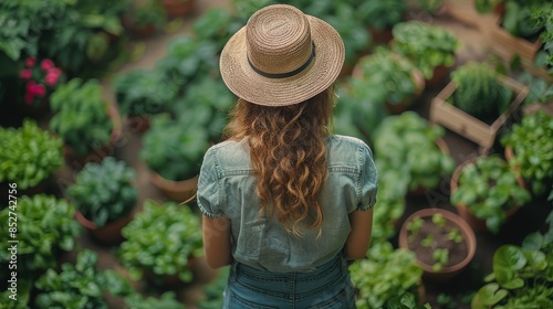 Rear view of a wooman in a straw hat working in a plant nursery in a greenhouse. photo