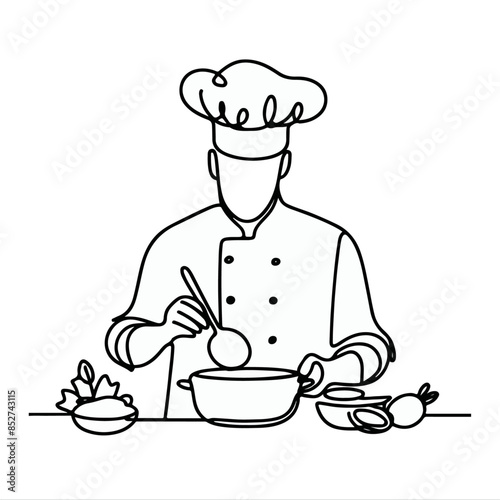 Continuous line drawing of Chef Preparing Food, Chef Preparing Food line art, chef line art