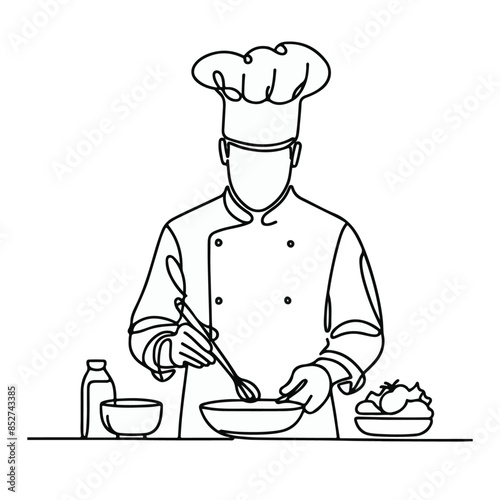 Continuous line drawing of Chef Preparing Food, Chef Preparing Food line art, chef line art