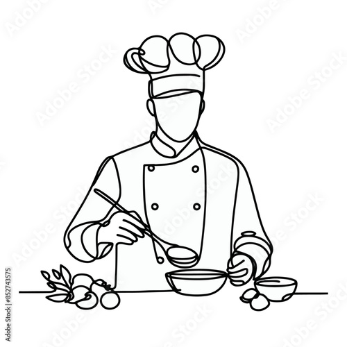 Continuous line drawing of Chef Preparing Food, Chef Preparing Food line art, chef line art