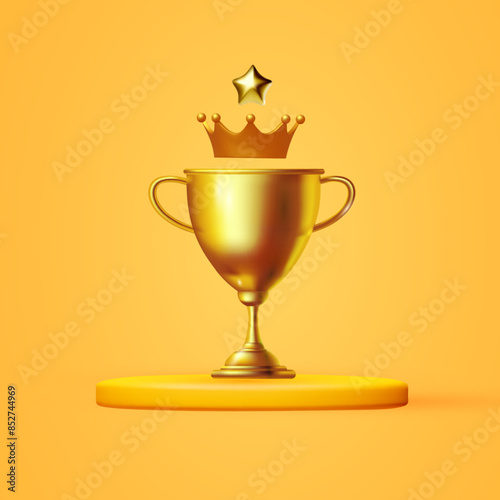 3D winners cup with crown. Trophy cup. Vector award nomination background.