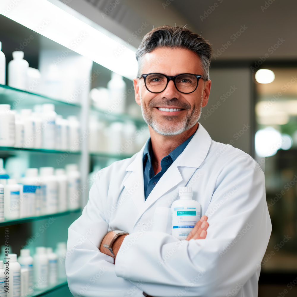 Stock minimalist photography of a smiling pharmacist holding a medication bottle, with shelves of products blurred in the background, bright lighting Stock minimalist photography of a smiling pharmacist holding a medication bottle, with shelves of products blurred in the background, bright lighting