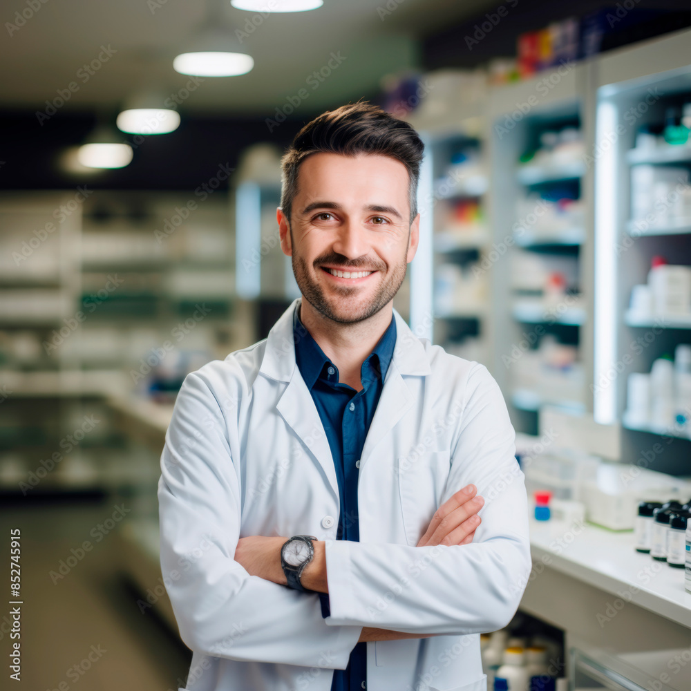 Stock minimalist photography of a smiling pharmacist standing at the pharmacy counter, surrounded by shelves of medications, bright lighting