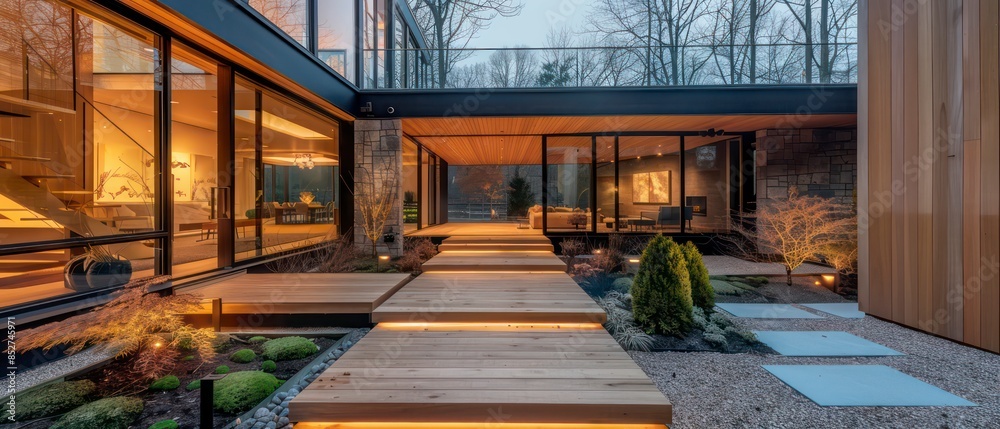 Obraz premium Architectural charm with windows and doors, nestled amidst ancient stone walls and urban trees