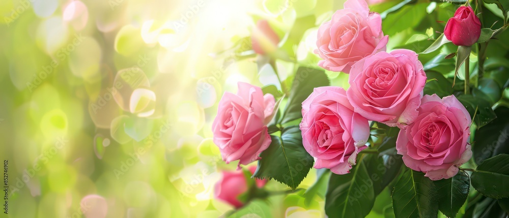 Delicate pink rose, showcasing its vibrant petals and captivating fragrance in a summer garden Delicate pink rose, showcasing its vibrant petals and captivating fragrance in a summer garden