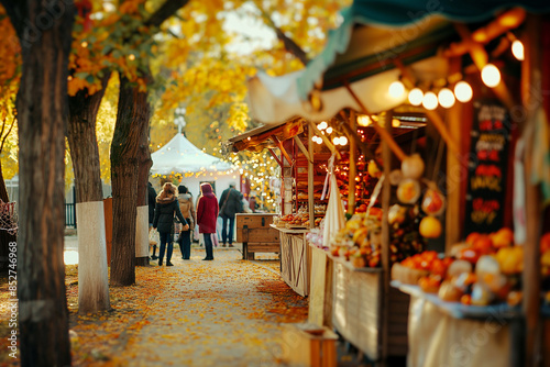 People shopping at autumn fair, harvest festival