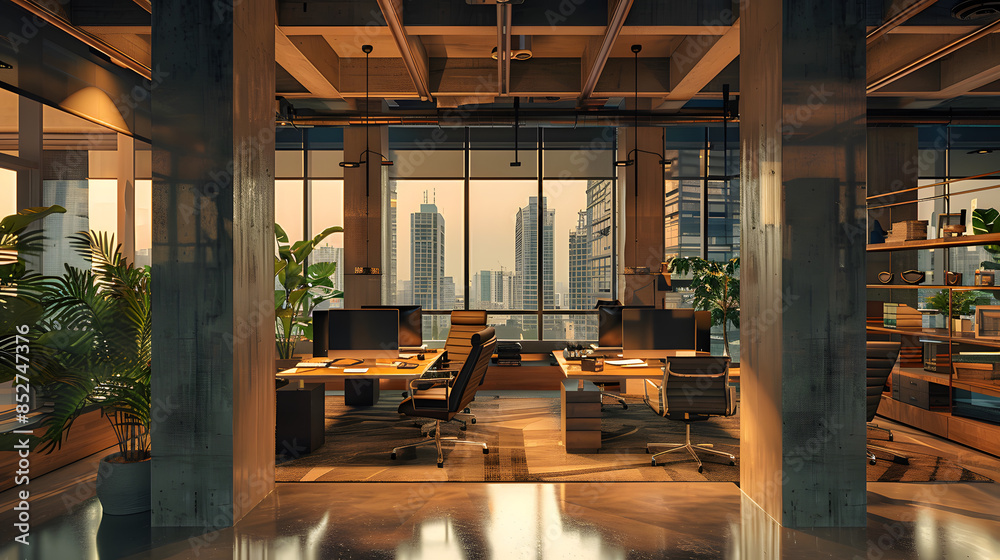 Fototapeta premium Sleek corporate workspace, modern office interior with stylish furniture and panoramic city views