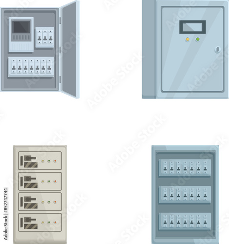 Set of different electrical panels and circuit breakers, isolated on a white background