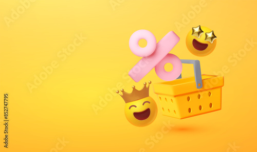 Shopping and special offer design with smartphone, shopping cart, percent sign and smiling face. Online shopping.