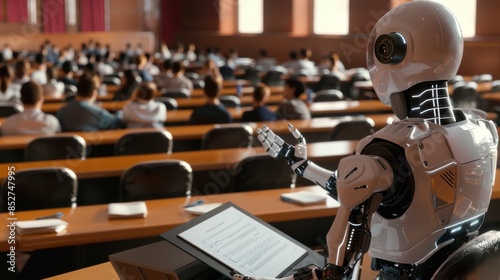 Wallpaper Mural A robot is sitting at a desk in front of a crowd of people. The robot is holding a piece of paper and he is giving a presentation. The scene is set in a classroom or lecture hall, with rows of chairs Torontodigital.ca