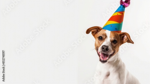 Happy birthday dog in a circus hat banner with copy space for advertising on white background © Anastasia Knyazeva