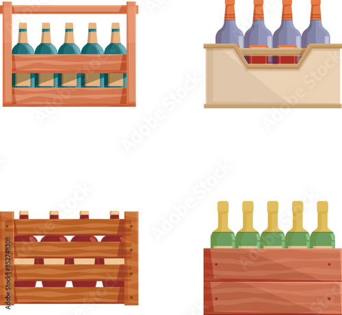 Vector illustration of four different wooden wine crates with bottles