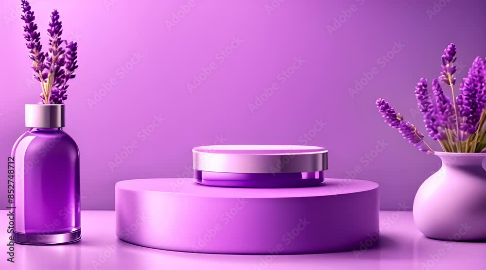 Purple lavender cosmetics podium. Facial cream or serum plastic tubes, shampoo or soap promo display podium, skincare cream container presentation violet platform realistic 3d Purple lavender cosmetics podium. Facial cream or serum plastic tubes, shampoo or soap promo display podium, skincare cream container presentation violet platform realistic 3d