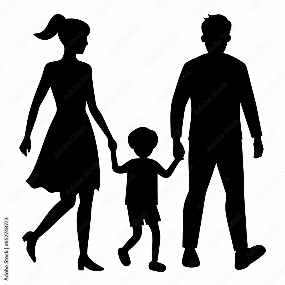 Husband, wife and kid walking vector silhouette Husband, wife and kid walking vector silhouette