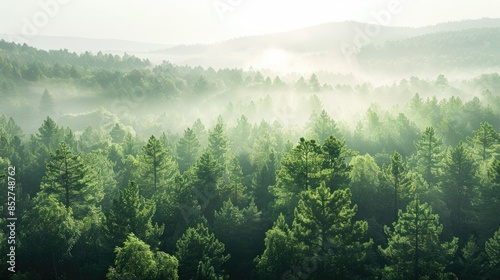 Daytime forest view with hazy sky showcasing the concept of carbon neutrality © 2rogan