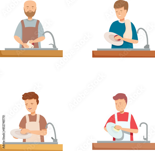 Four different men doing the dishes, showcasing diversity in domestic chores