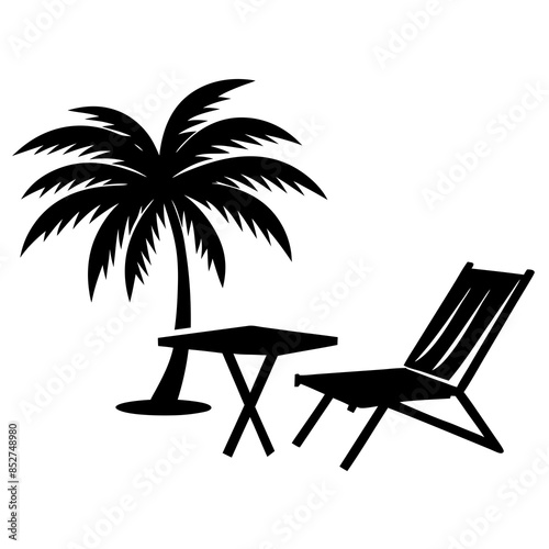 beach chair and table palm tree silhouette vector illustration on white background