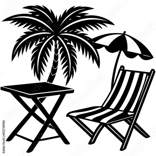 beach chair and table palm tree silhouette vector illustration on white background