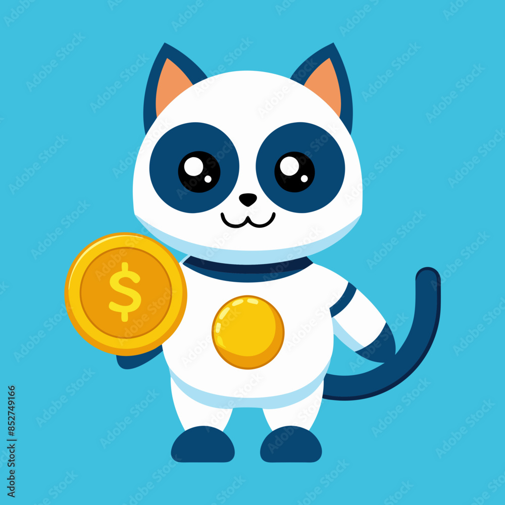 Fototapeta premium Cute Cat Robot Holding Gold Coin Cartoon Vector Icon Illustration