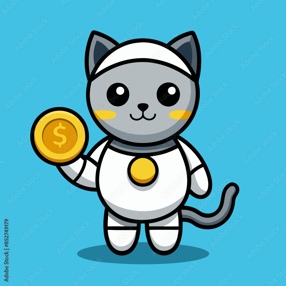 Cute Cat Robot Holding Gold Coin Cartoon Vector Icon Illustration Cute Cat Robot Holding Gold Coin Cartoon Vector Icon Illustration