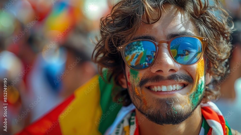 Spectator's Joy: A close-up shot captures the enthusiastic spirit of a spectator, his mirrored sunglasses reflecting a vibrant scene, with his face painted, his eyes smiling. Spectator's Joy: A close-up shot captures the enthusiastic spirit of a spectator, his mirrored sunglasses reflecting a vibrant scene, with his face painted, his eyes smiling.