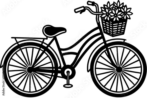 A bike in cartoon style with a basket of flowers in front vector silhouette