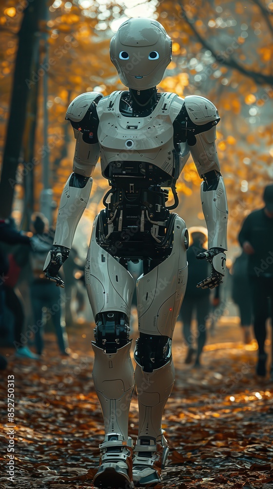 A robot is walking through a forest with people behind it. The robot is white and has a blue face A robot is walking through a forest with people behind it. The robot is white and has a blue face