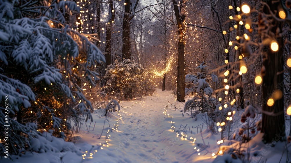A snowy forest path is illuminated by string lights, casting a warm glow on the trees and snow-covered ground. The path leads through the trees, disappearing into the distance. The setting sun creates A snowy forest path is illuminated by string lights, casting a warm glow on the trees and snow-covered ground. The path leads through the trees, disappearing into the distance. The setting sun creates