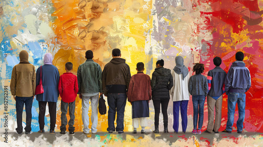 Naklejka premium Diverse audience admiring a vibrant abstract artwork at an art exhibition