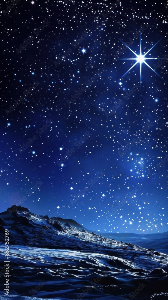 A wide shot of a snowy mountain landscape under a starry night sky. The mountains are dark and rugged, and the snow is white and pristine. The sky is a deep blue, and the stars are bright and numerous A wide shot of a snowy mountain landscape under a starry night sky. The mountains are dark and rugged, and the snow is white and pristine. The sky is a deep blue, and the stars are bright and numerous