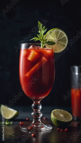 Wallpaper Mural A refreshing Bloody Mary cocktail served in a glass with ice, garnished with a lime wedge and fresh herbs, perfect for a relaxing evening or brunch Torontodigital.ca