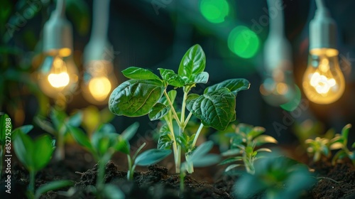 Young Green Sprouts Growing Under Warm Lights