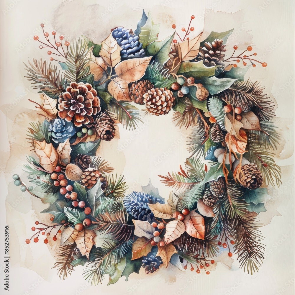 Fototapeta premium This image is a watercolor painting of a festive winter wreath made of pine branches, pine cones, holly berries, and other winter greenery. The wreath is arranged in a circular shape and has a rustic 