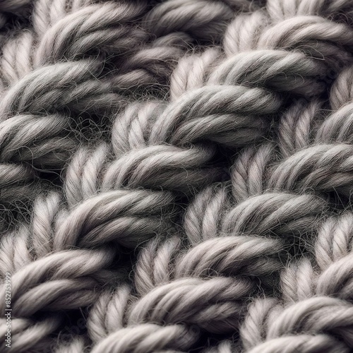 A close-up of grey yarn arranged in a cable knit pattern