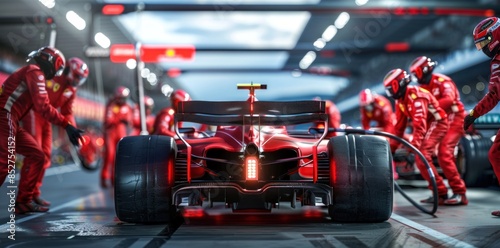 Professional pit crew ready for action as their team's race car arrives in the pit lane during a pitstop of a car race, concept of Professional teamwork.