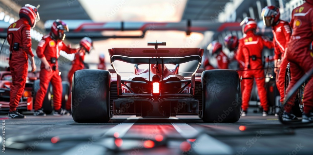 Naklejka premium Professional pit crew ready for action as their team's race car arrives in the pit lane during a pitstop of a car race, concept of Professional teamwork.