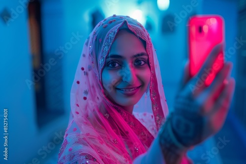 Portrait of Bihar woman staring in hand mirror photo