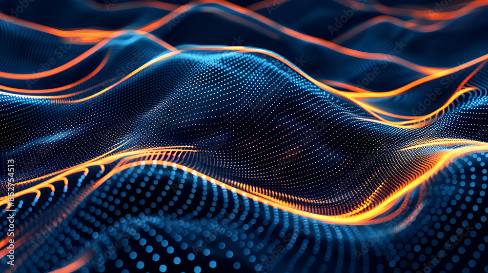 Dark background with colorful lines and dots light ,A blue and red wave with a lot of dots ,Neon waves undulate against a dark background. Dark background with colorful lines and dots light ,A blue and red wave with a lot of dots ,Neon waves undulate against a dark background.