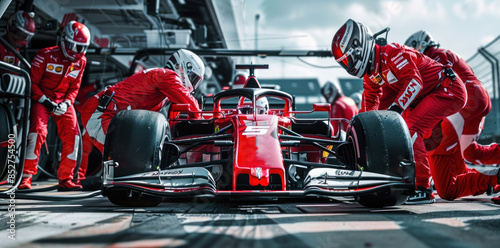 Professional pit crew ready for action as their team's race car arrives in the pit lane during a pitstop of a car race, concept of Professional teamwork.