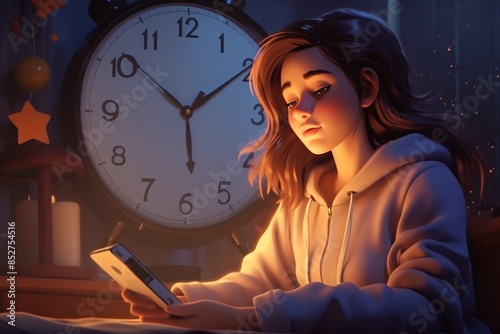 Illustration of a girl in her bedroom at night, chatting on the phone while enjoying a quiet and peaceful evening
