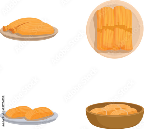 Four illustrations of mouthwatering mexican tamales, representing diverse fillings and wrappings