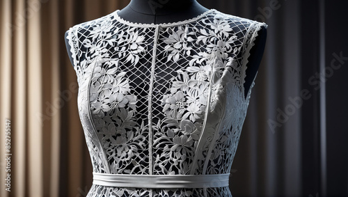A formal women's cocktail dress on a mannequin, complete with lace detailing and a fitted silhouette, Generative AI