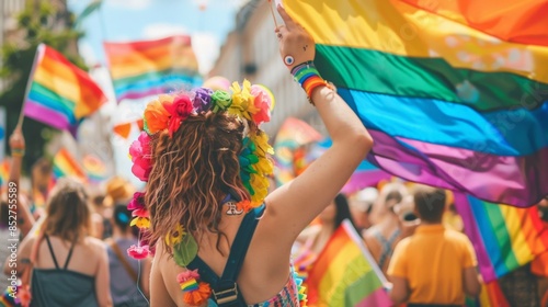 Crowd celebrating with rainbow flags at a public event