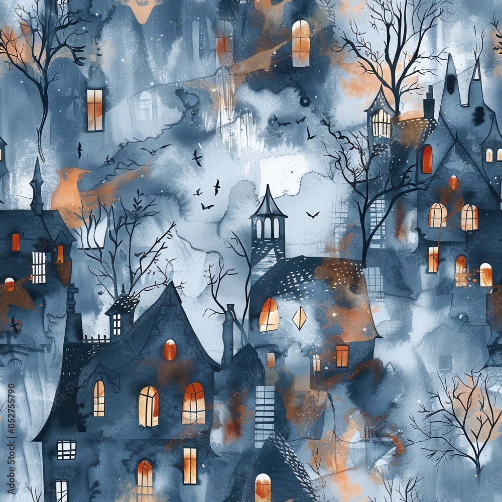 A watercolor illustration depicts a misty, haunted village at night ...