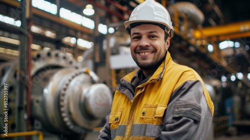 A smiling professional heavy industry worker or engineer wearing a hard hat and safety uniform is shown in this portrait. Unfocused Large Industrial Factory in the Background