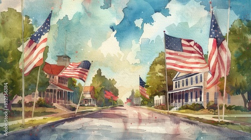 Watercolor Painting of American Flags Displayed on a Sunny Day in a Residential Neighborhood photo