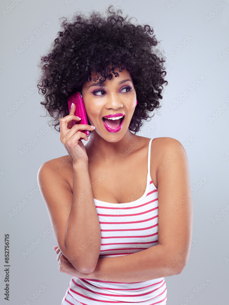 Studio, phone call and shocked for female person, cellphone and makeup on white background. Lipstick, conversation and talking on smartphone with black woman model, expression and surprised face Studio, phone call and shocked for female person, cellphone and makeup on white background. Lipstick, conversation and talking on smartphone with black woman model, expression and surprised face